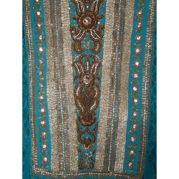 Gorgeous Beaded Teal Gold w Scarf Dress India - Picture 6 of 11